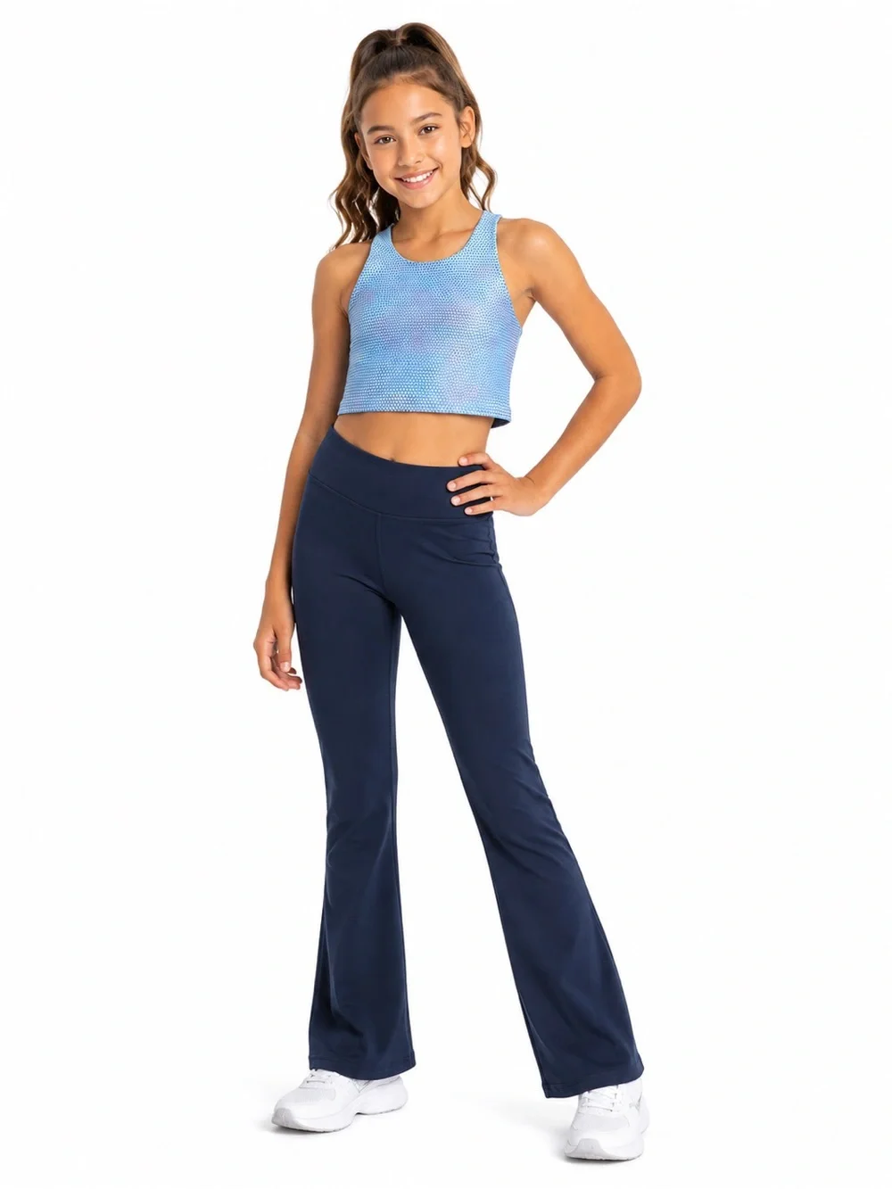 Athleta Girls Navy Boot-Cut Flare Pants with High Waist and tank